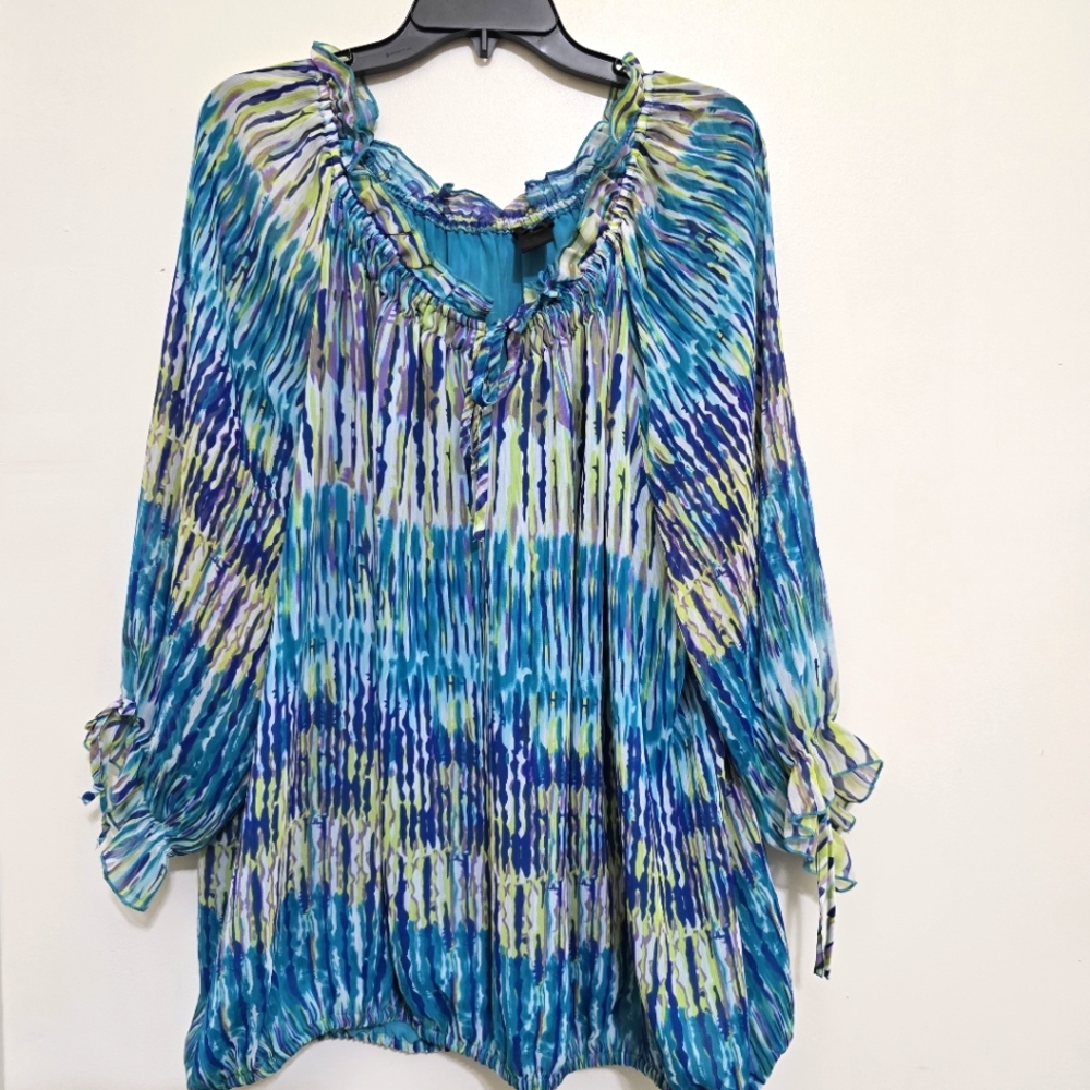 nu options Off Shoulder Ruffled Colorful Boho‎ Peasant Elastic Blouse 3X Blue